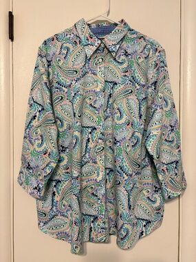 Ralph Lauren CHAPS Women's Plus No Iron Pastel Paisley Button-Front Shirt Top 2X